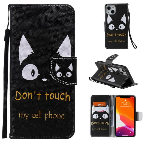 Allytech for iPhone 13 Mini 5.4" Case 2021, Coloful Painted All-Inclusive Protective Wallet with Card Holder Slot PU Leather Folio Stand Case with Hand Strap Case for iPhone 13 Mini 2021, Cute Cat
