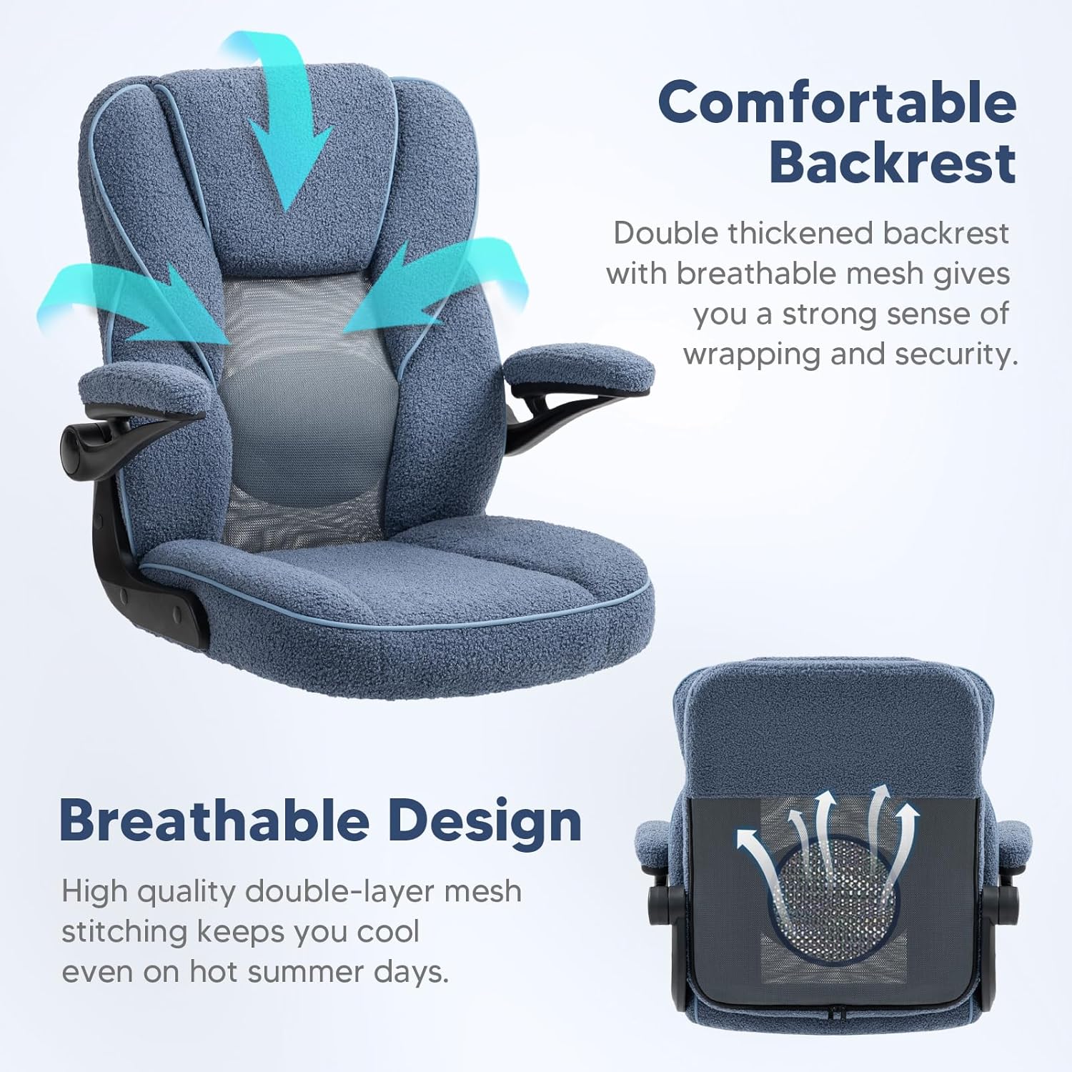 SEATZONE Home Office Desk Chairs with Wheels and Armrests,Office Chair Comfortable Ergonomic Mesh with Teddy Fleece Fabric Executive Computer Chairs for Adults and Teens,Blue