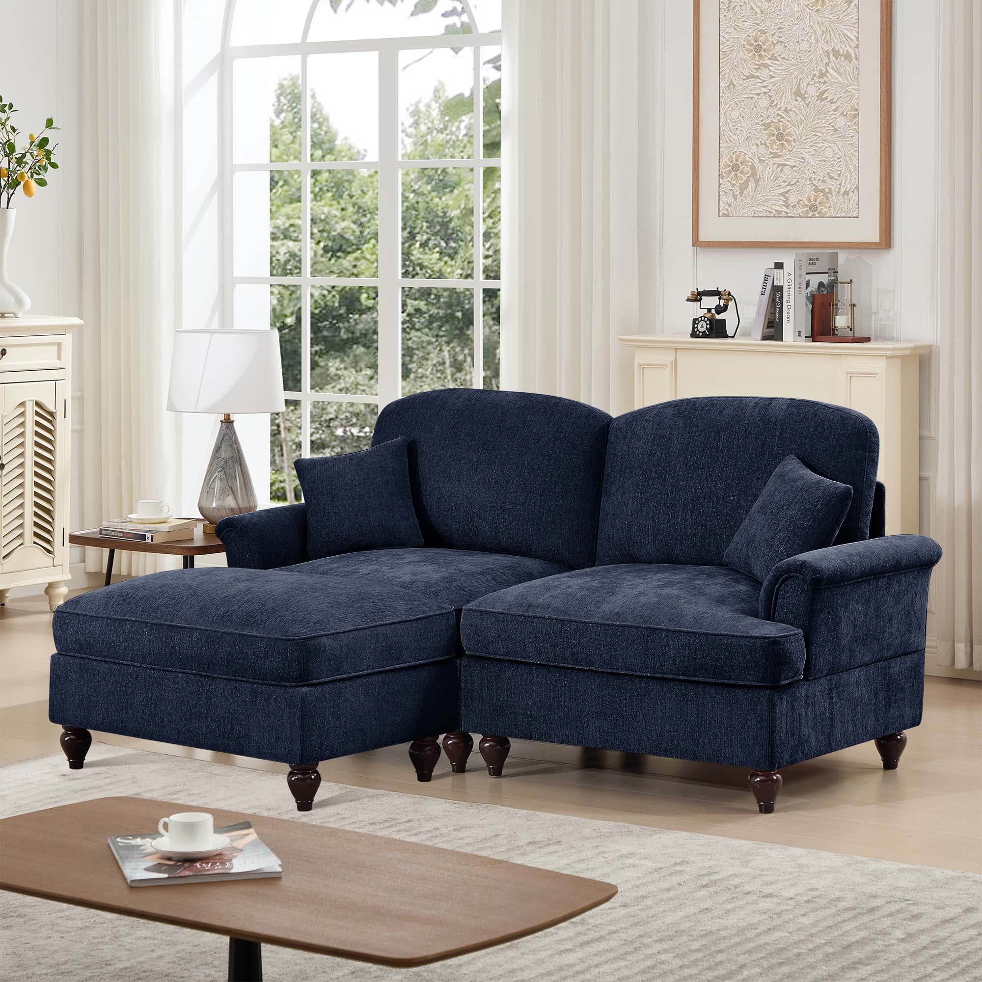Firscook 76" Chenille Loveseat Sofa with Ottoman, L Shaped Couch for Living Room, Blue
