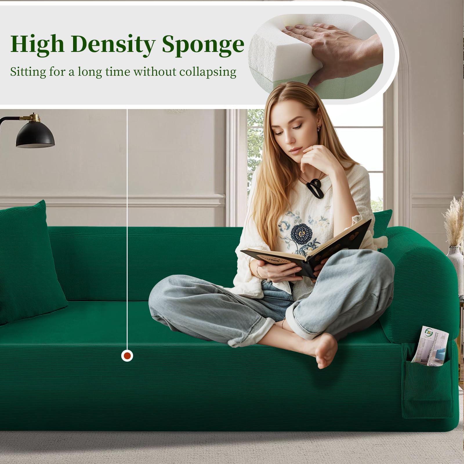 3-Seater Sofa, 83" No Assembly Deep Loveseat Couch in A Box, Spring & High-Elastic Sponge Filling Sofas with 2 Cushions & Side Storage Pockets for Living Room Apartment, Green