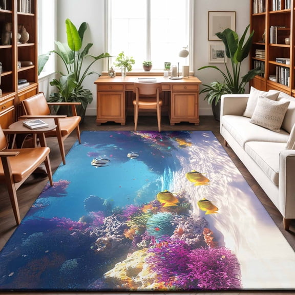 Large Area Rugs 8'x10', Coastal Coral Carpet Runner Indoor Outdoor Rugs Home Decor Aesthetic, Summer Ocean Nautical Beach Fishes Non Slip Mats Washable Accent Rug for Living Room Bedroom