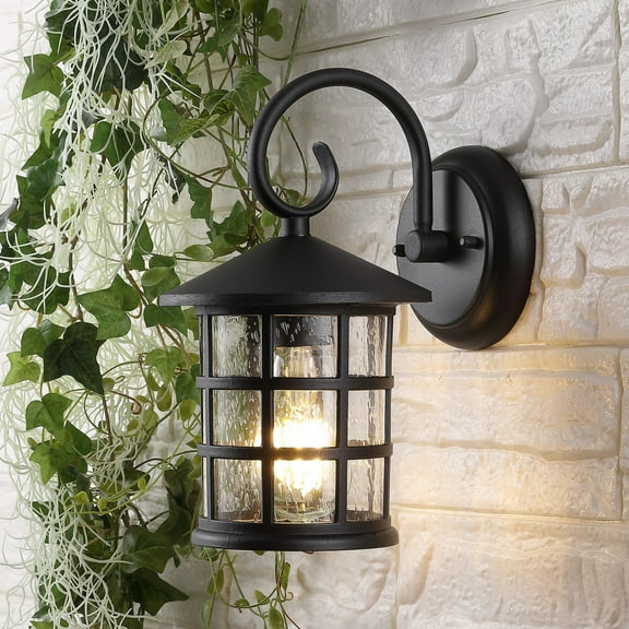 JONATHAN Y Cadiz 6" 1-Light Iron/Seeded Glass Cottage Rustic Scrolled Lantern LED Outdoor Sconce, Black (Set of 2)