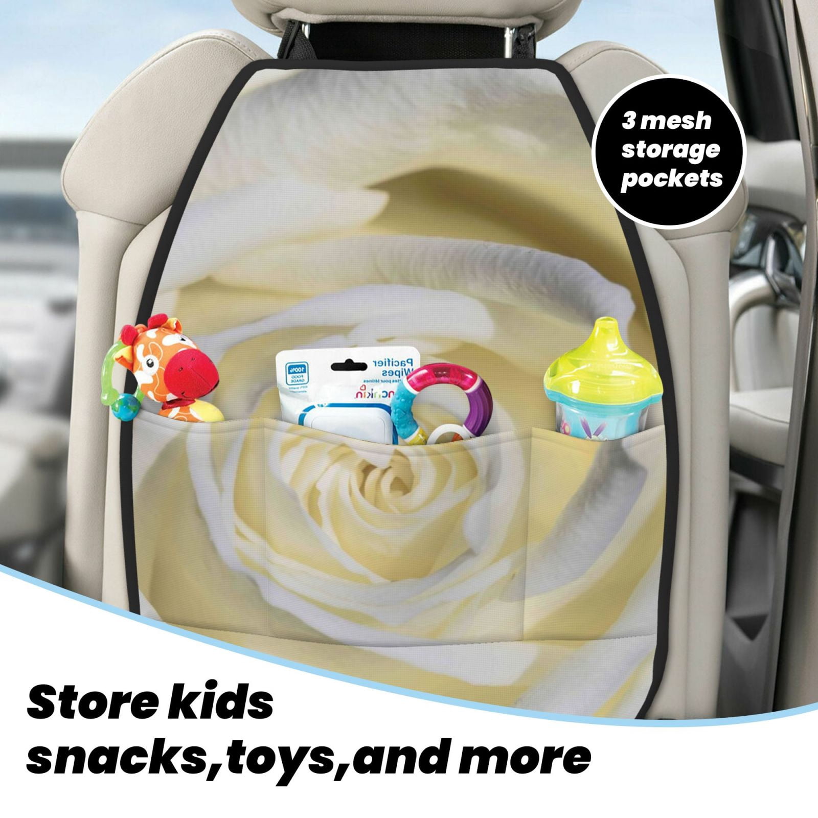 Xecao White Rose Pattern Car Seat Back Protector 2 Pack Large Capacity Pocket, Kick Mats Back Seat Protector