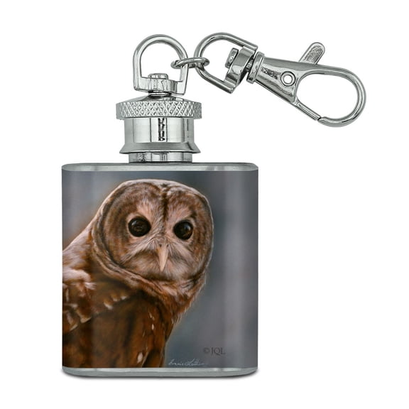 Solitary Barred Owl Stainless Steel 1oz Mini Flask Key Chain