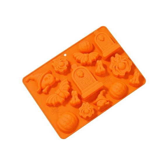 XHKUYI Halloween Silicone Candy Molds 7.8 inches, 16 Cavity Bat Pumpkin Tombstone Spider Bone Food Grade Silicone Mold, for Chocolate, Candy, Soap, Cake Decoration, Halloween Baking Supplies