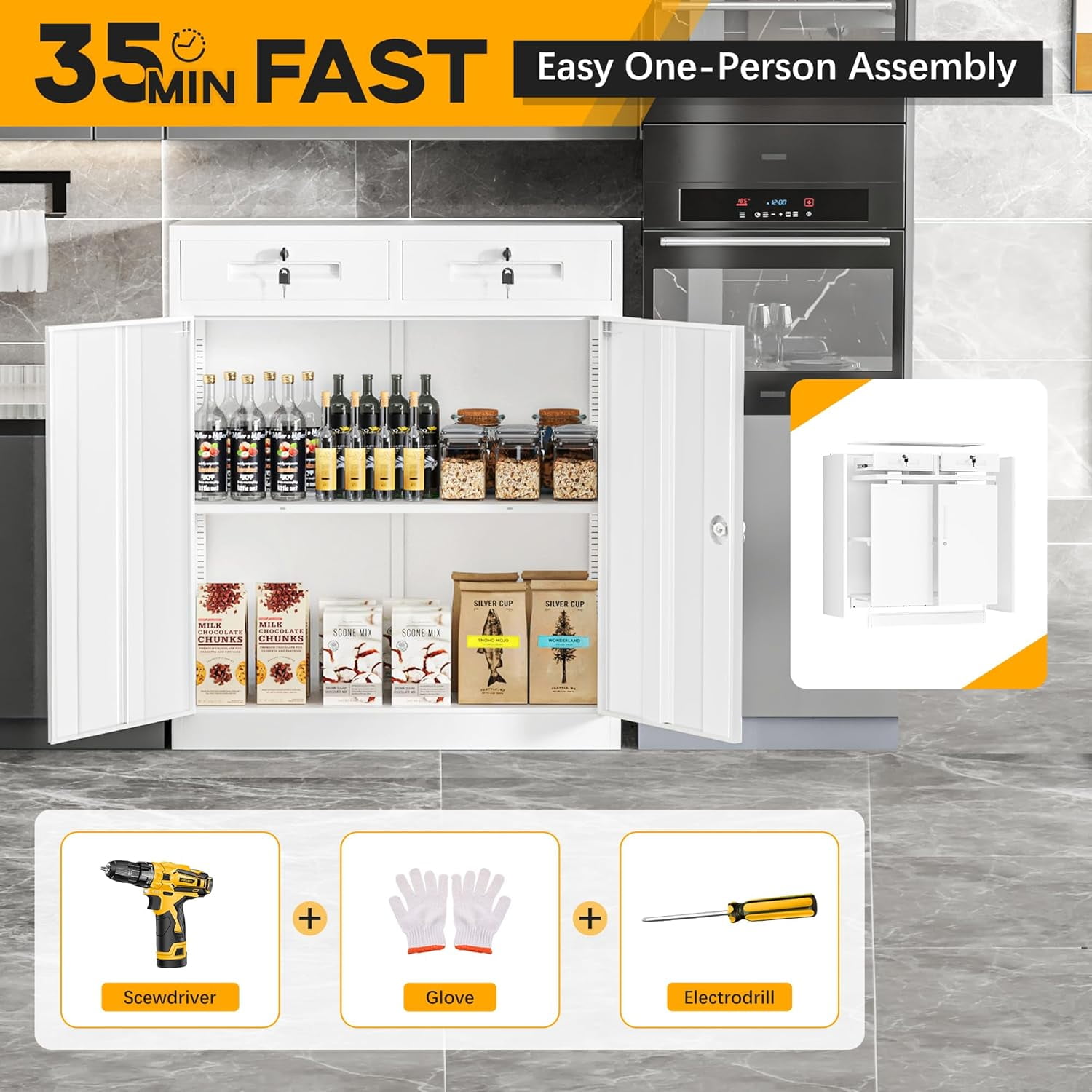 SUNCROWN Metal Storage Cabinet with Drawers, 36" H Steel Locking Storage Cabinet with Doors and Adjustable Shelves, Lockable Metal File Cabinets for Home Office, School, Garage (White)