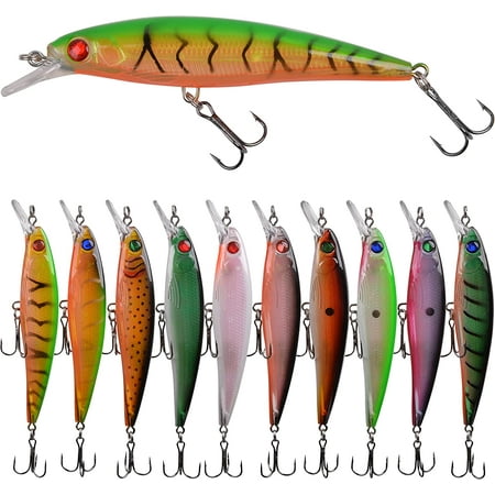 Fishing Minnow Lures Hard Bait with Treble Hook 10Pcs CrankBait Life-Like Swimbait for Bass Trout Walleye Redfish 5.1in Length