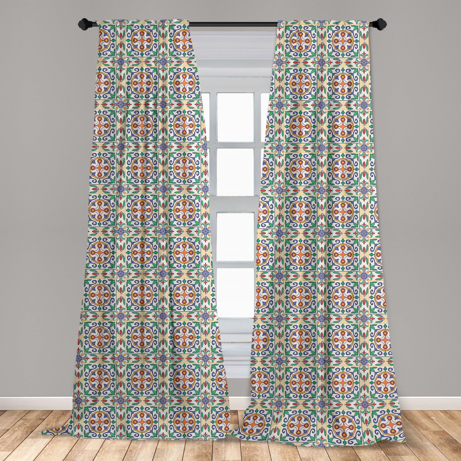 Geometric Curtains 2 Panels Set, Spanish Culture Inspired Ornamental Symmetric Floral
