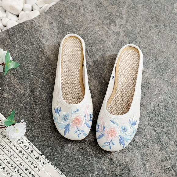 Veowalk Jacquard Fabric Women Embroidered Flat Slippers Comfortable Soft Elegant Ladies Mules Retro Chinese Embroidery Shoes