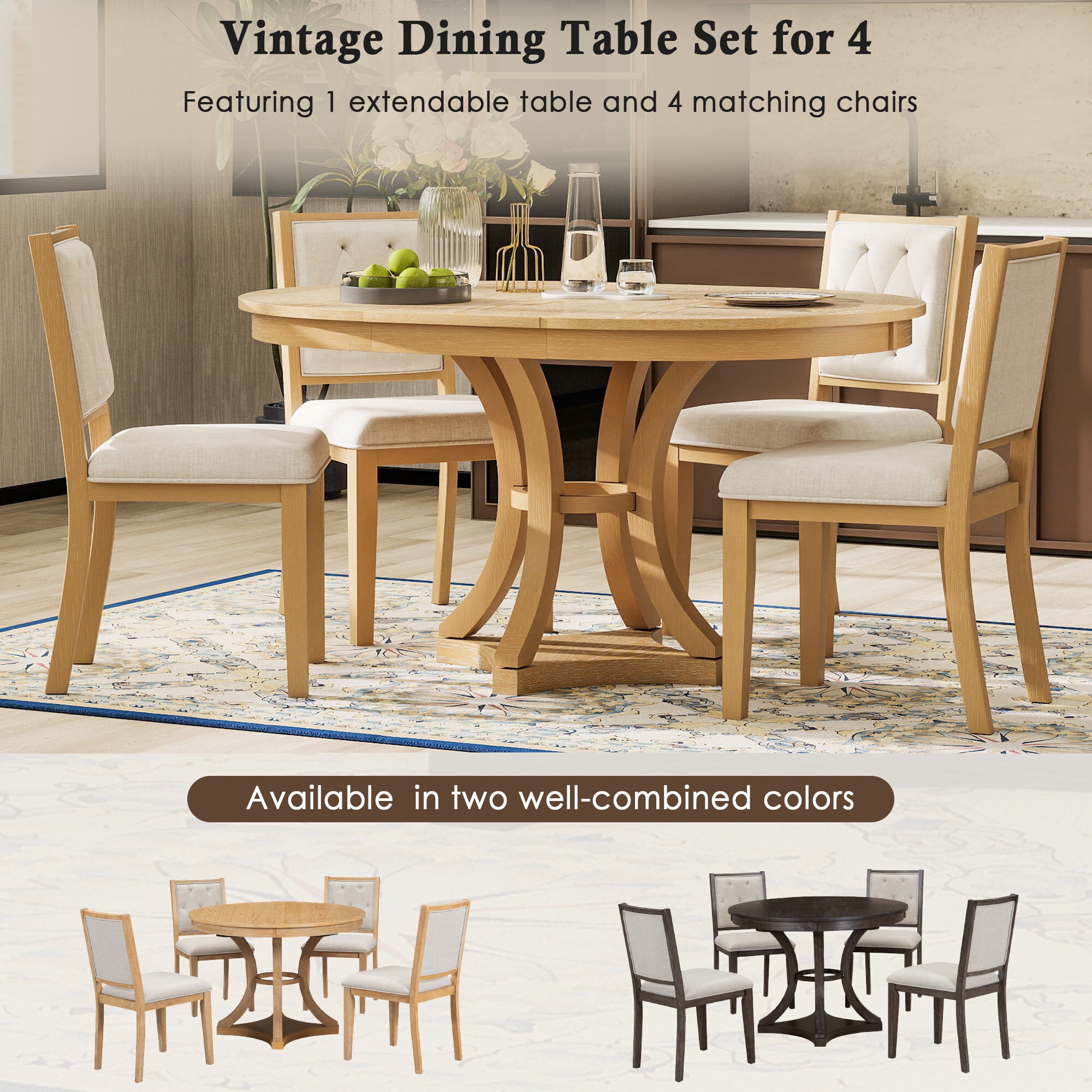 Euroco 5-Piece Retro Dining Table Set for 4,Extendable Round Table and 4 Upholstered Chairs Set for Living Room,Natural