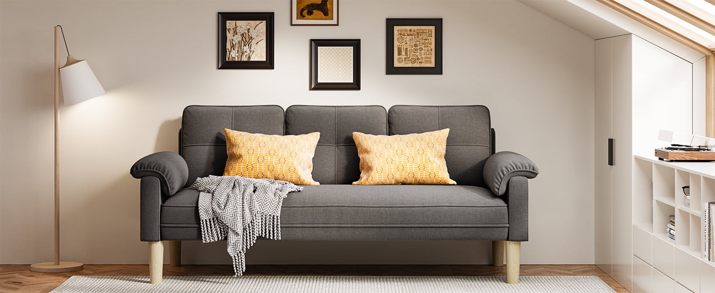 Aiho 69" Sofa Couch for Living Room | 3-Seater with Padded Arms, Solid Wood Legs, Easy Setup |Dark Gray