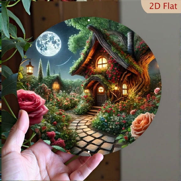 Whimsical Fairy Tale Cottage Round Aluminum Wall Art, Enchanting Forest Landscape Hanging Metal Sign, 8 x 8 Inch Decorative Home Decor for Living Room Bedroom