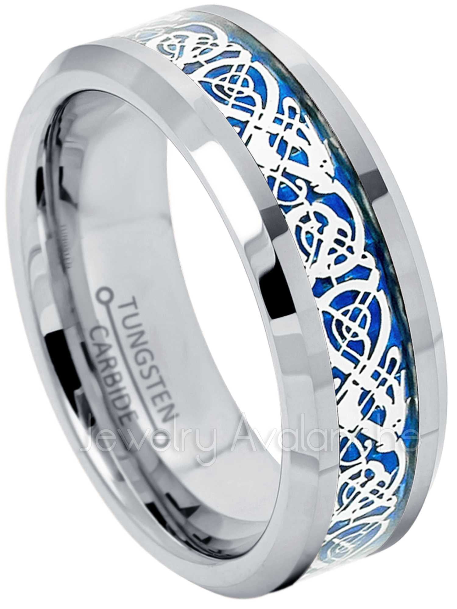 Tungsten Carbide Mens Wedding Band Comfort Fit Brushed with Blue