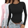 thumbnail image 2 of Womens Tops Basic Long Sleeve Crop Top Slim Baby Tee Round Neck Layering Slim Blouse Aesthetic Streetwear Polyester Spandex Soft Xl Sweaters For Women, 2 of 8