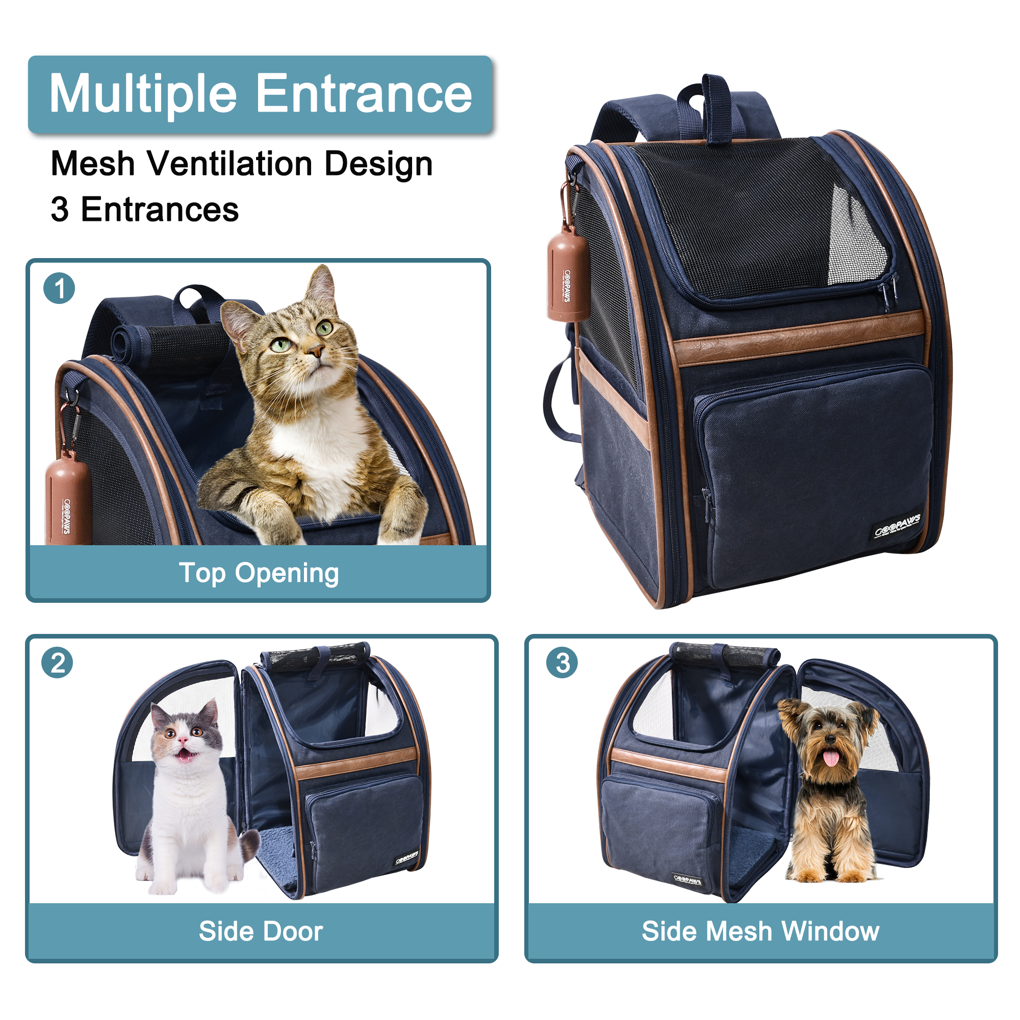 GOOPAWS Pet Carrier Backpack for Dogs and Cats, for Hiking Travel Camping Outdoor Hold Pets Up to 25 Lbs, Navy Blue