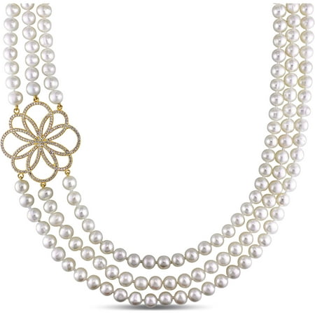 Miabella 7.5-8mm White Cultured Freshwater Pearl and Cubic Zirconia Yellow Rhodium-Plated Sterling Silver Three Strand Endless Necklace, 26