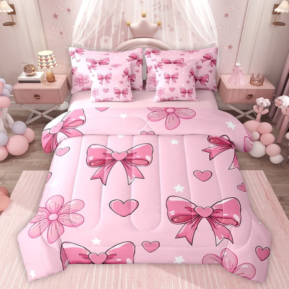 Feelyou Teens Princess Bowknot Twin Bedding Sets 7-Piece, Girly Pink Love Heart Bedding Comforter Set, Cherry Blossoms Floral Reversible Sheet Sets, Breathable Home Decor