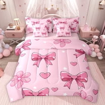 Feelyou Teens Princess Bowknot Twin Bedding Sets 7-Piece, Girly Pink Love Heart Bedding Comforter Set, Cherry Blossoms Floral Reversible Sheet Sets, Breathable Home Decor