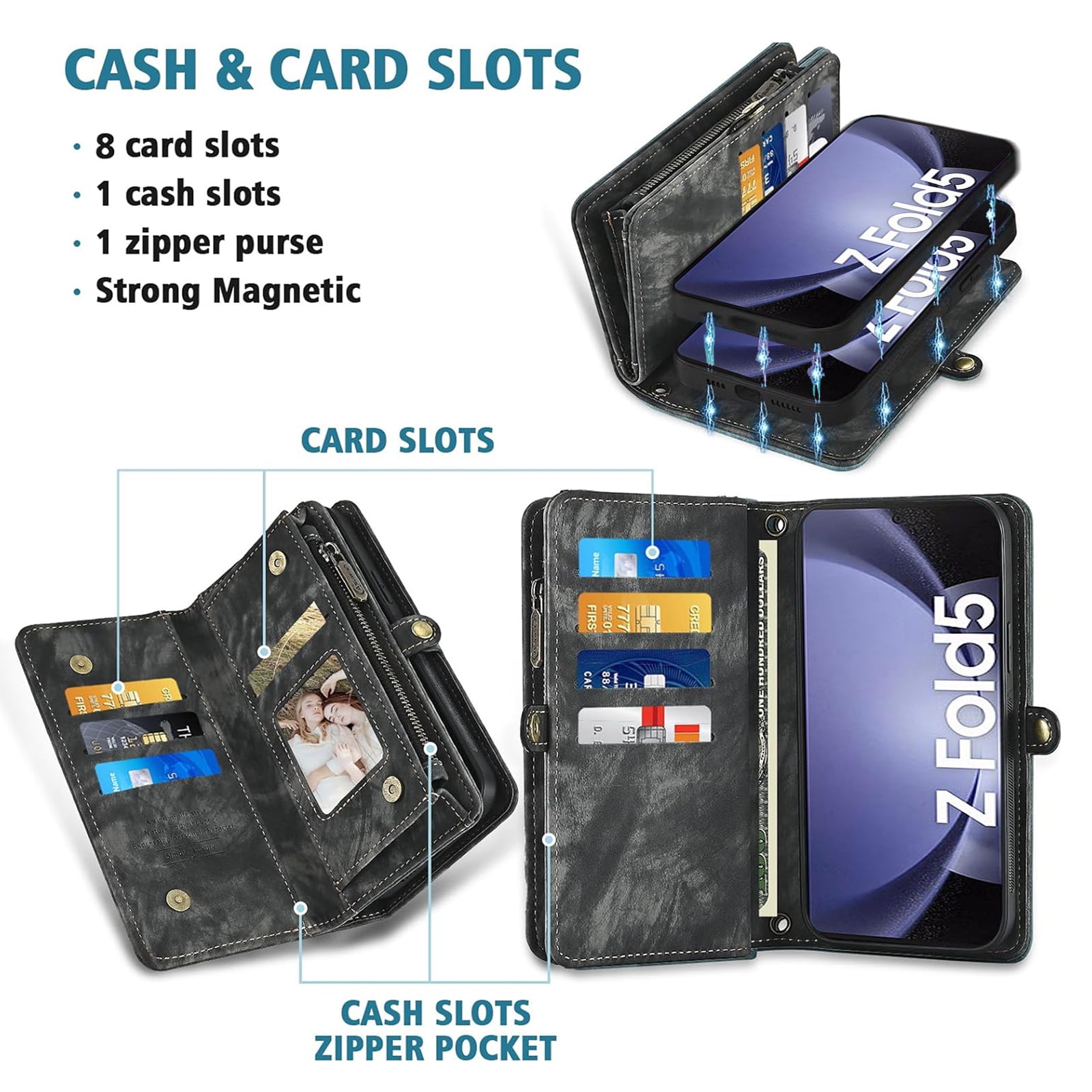 Asuwish Compatible with Samsung Galaxy Z Fold 5 5G 2023 Phone Case Zipper Wallet Detachable Strap Flip Card Holder Cell Cover for ZFold5 Z5 G Fold5 5Z Women Girls Black