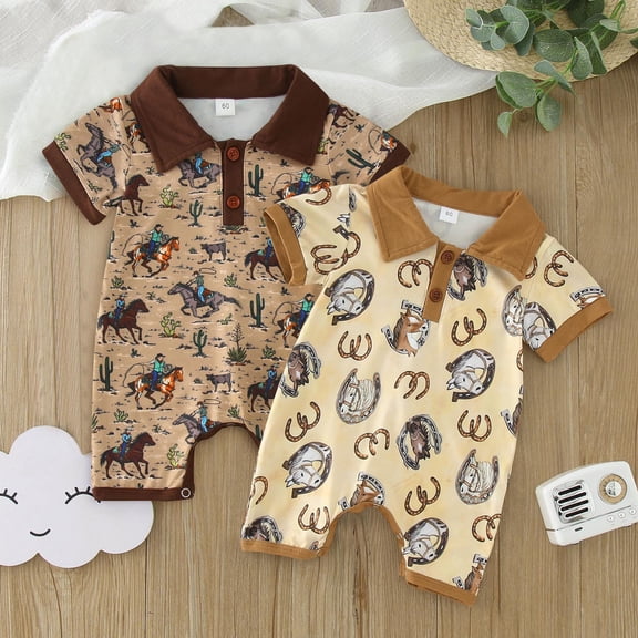 Baby Boy Romper Boys Short Sleeve Cow Print Collar Romper Jumpsuit Toddler Jumpsuit Brown 0-3 Months