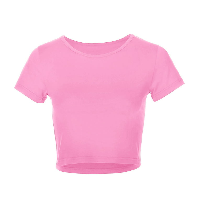 B91xZ Womens Cropped Tops Womens Fashion Summer Short Sleeve Cute Crop Tops  Casual Basic Crewneck Slim Fit T Shirts Pink,L