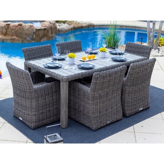 Malmo 7-Piece Resin Wicker Outdoor Patio Furniture Dining Table Set In Gray w/ Dining Table and Six Cushioned Chairs (Full-Round Gray Wicker, Polyester Light Gray)
