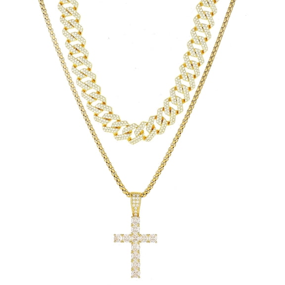 Iced Out Cuban Link Chain Necklace for Men and Women, Cross Pendant with Over 1200 Cubic Zirconia Stones, 16-20 Inch, Gift Box-gold-16" 18"