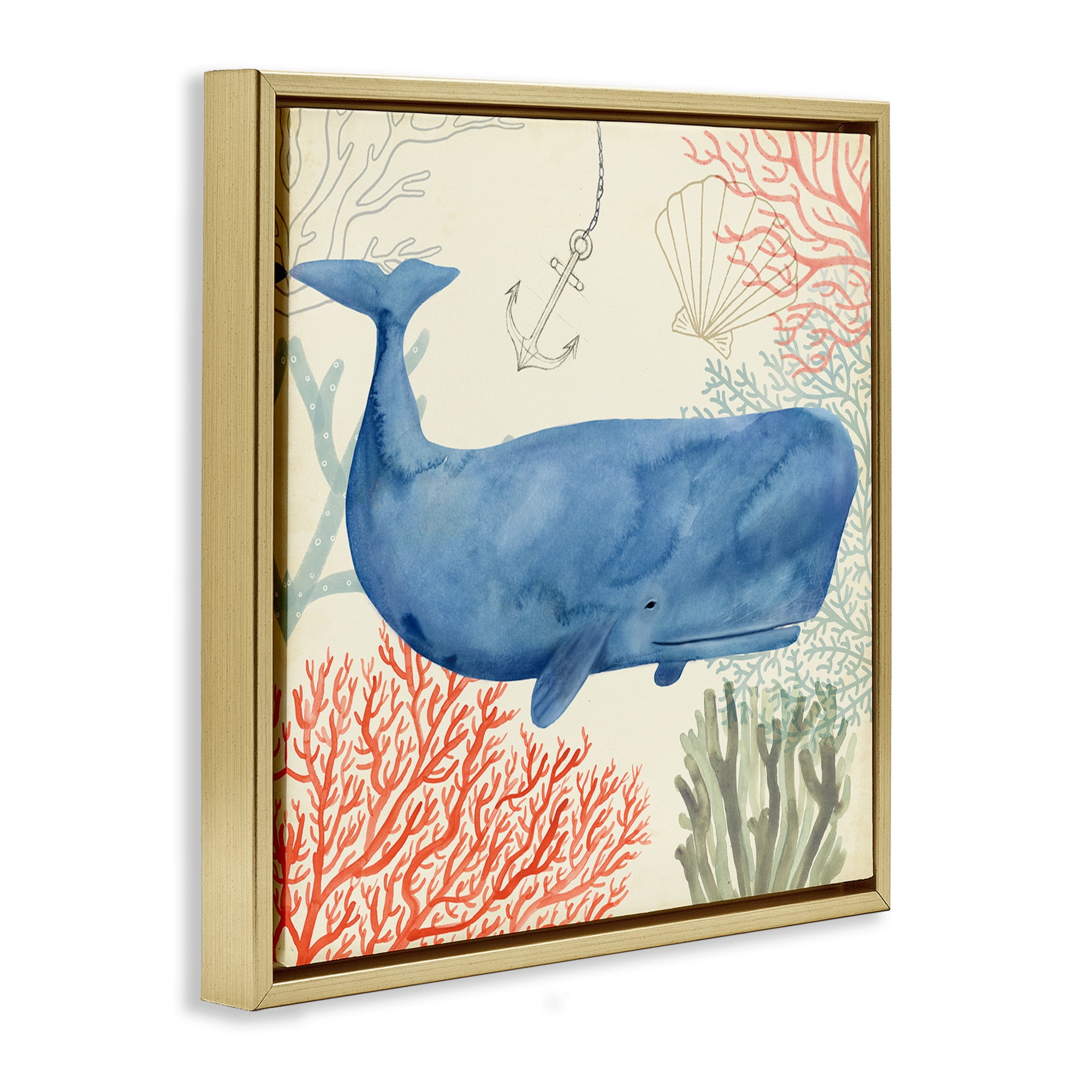 Stupell Industries Underwater Whimsical Whale Watercolor Animals & Insects Painting Gold Floater Framed Canvas Art Print Wall Art, 25 x 25