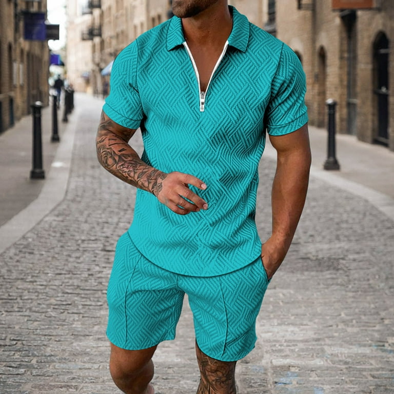 Men s 2 Piece Short Sets Outfits Polo Shirt and Shorts Set Solid Color Outfits Summer Casual Short Sleeve Polo Suit for Men Tracksuit Walmart