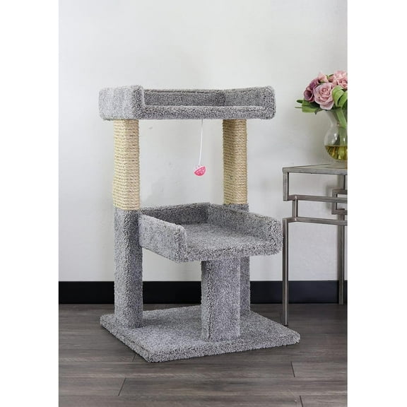 Artisanal Abode Spacious Cat Tree Perch for Large Cats, Durable Carpet Upholstered Cat Play Tower, Sturdy Wood Construction Light Gray