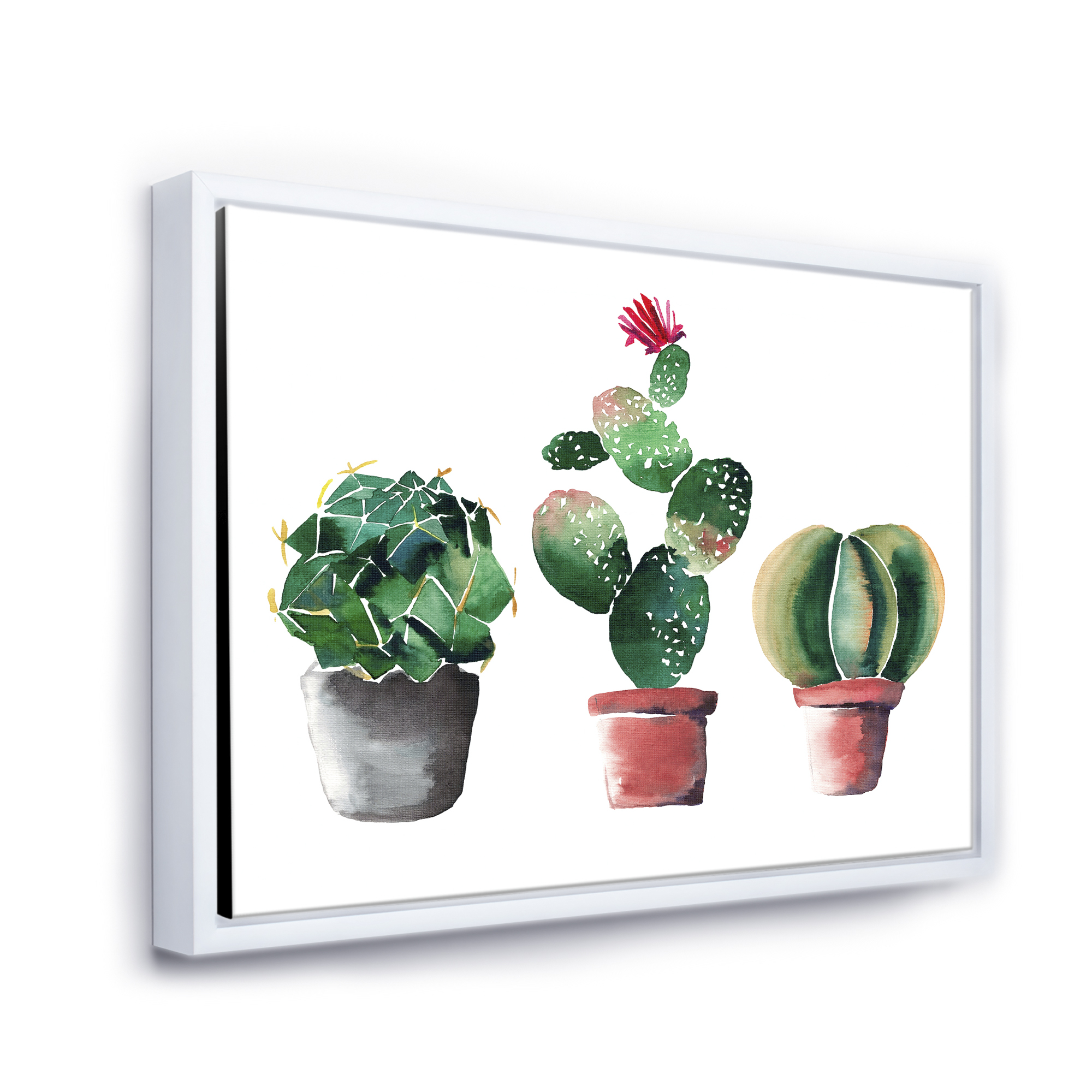 Designart 'Three Cacti In Clay Pots On White' Traditional Framed Canvas Wall Art Print