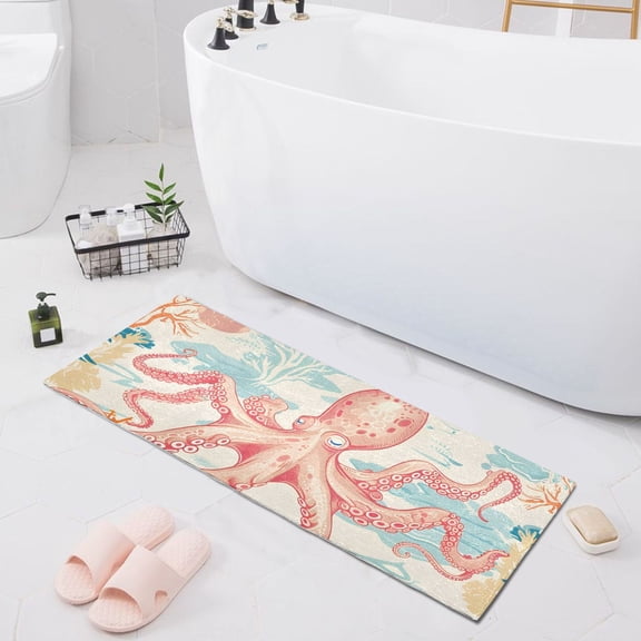 Bath Mat Soft Plush Non-Slip Absorbent Bathroom Rugs 39"x20" Cartoon Octopus and Coral