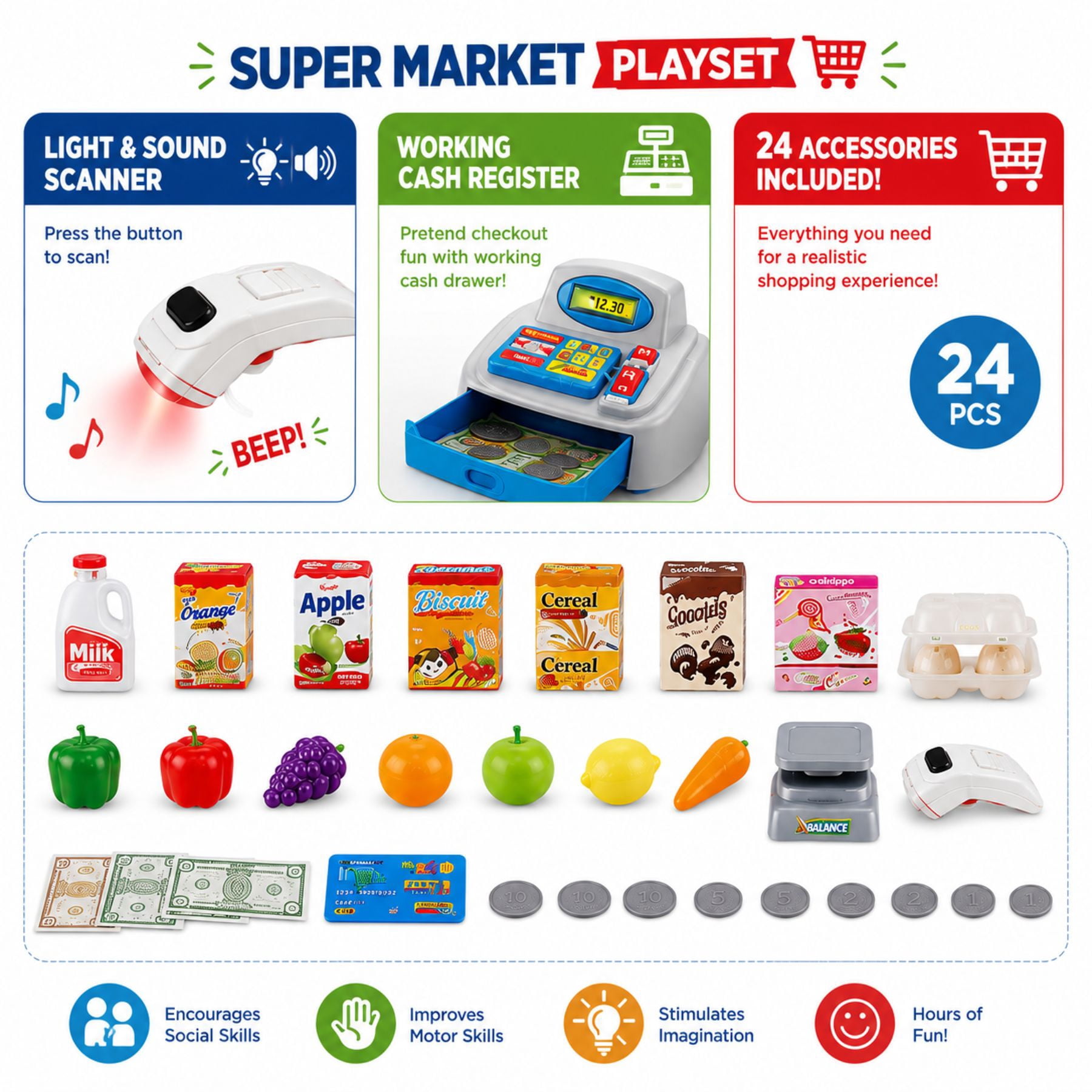 Mundo Toys Kids Supermarket Playset with Shopping Cart, Light & Sound Scanner, 24 Accessories
