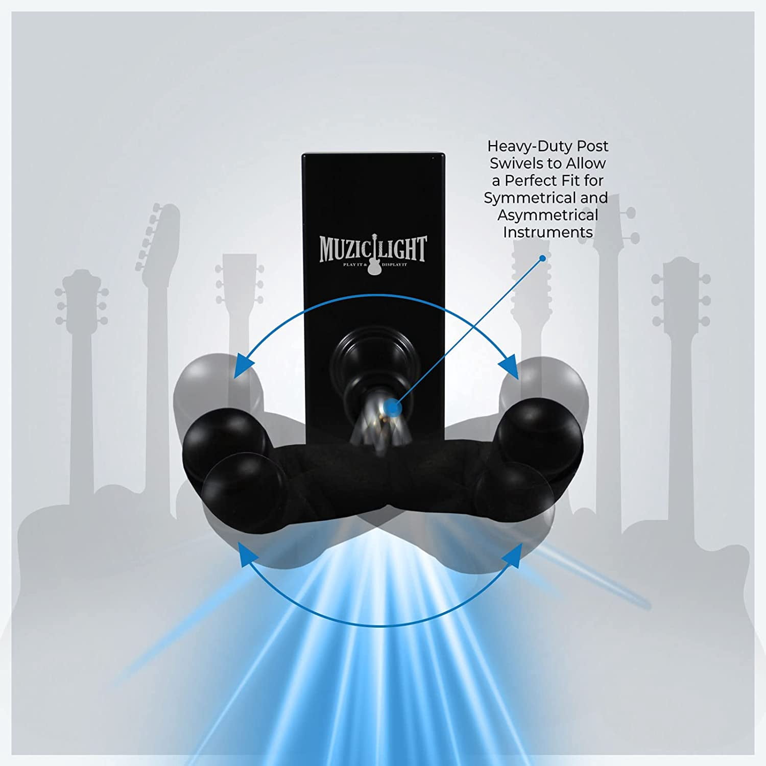 MuzicLight Light Up Wide Neck Guitar Wall Mount Bracket or Holder for Electric Guitars, 7 String Bass, or Concert Acoustic Guitars Using LED for Guitar Display with Ambient Surround Lighting