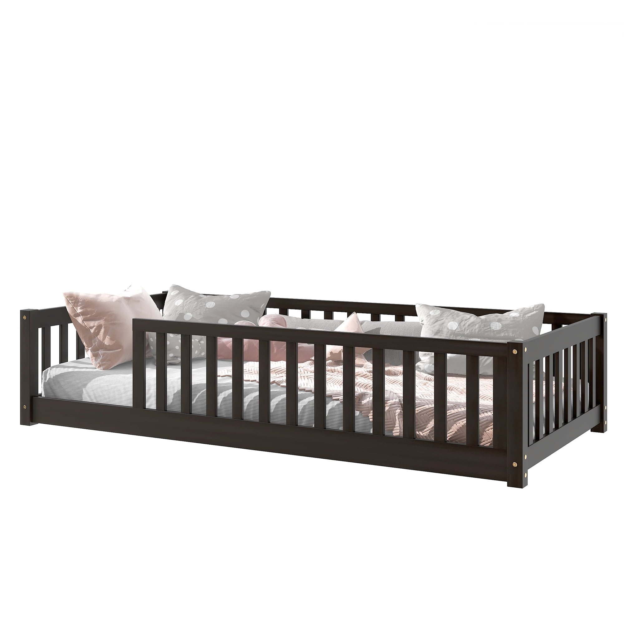 Twin Size Rubber Wood Floor Bed with Full Safety Fence No Door, Espresso Montessori Floor Bed with Guardrails, Platform Bed with 7 Support Slats, for Toddler Kids Bedroom