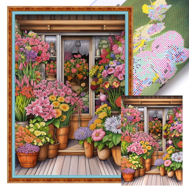 Hilo Algodón Ecológico Bordado 11CT Kit Punto Cruz Floristería 40x60cm