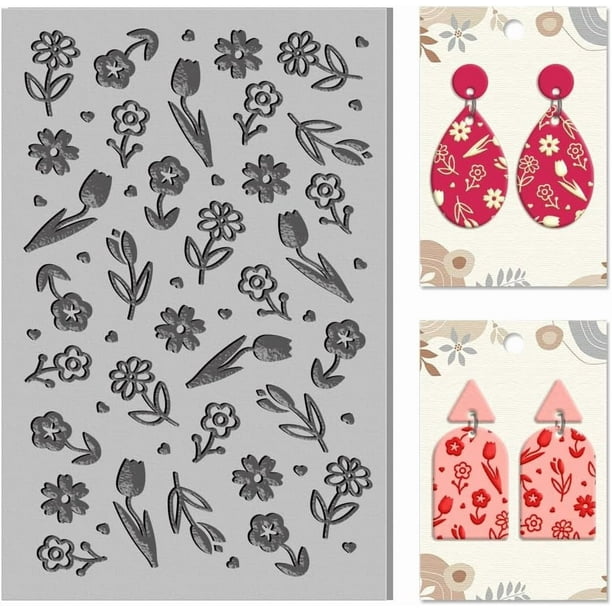 Moldes de arcilla polimérica con textura de tulipanes y flores de primavera, herramientas de bricolaje para texturas de arcilla.