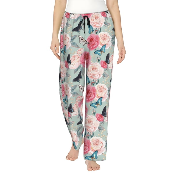 Fotbe Roses and Butterflies Pantalones de Pijama para Mujer, Pantalones de Dormir, Pantalones Pj con Cordón y Bolsillos-X-Large