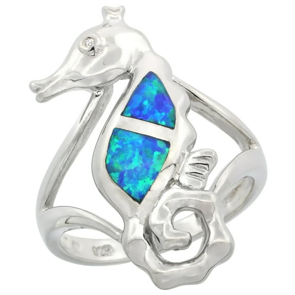 925 Sterling Silver Blue Synthetic Opal Inlay CZ Accent Seahorse Ring 30mm