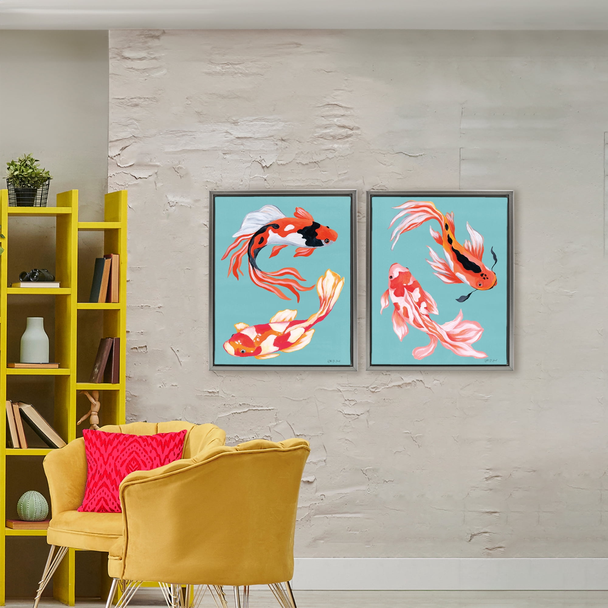 Stupell Industries Colorful Twin Koi 2 Piece Gray Framed Floater Canvas Set, design by Yvette St. Amant