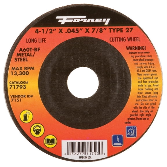 Forney Industries 71793 Cut-Off Wheel, Metal, Type 27, 4-1/2" x .045" x 7/8"