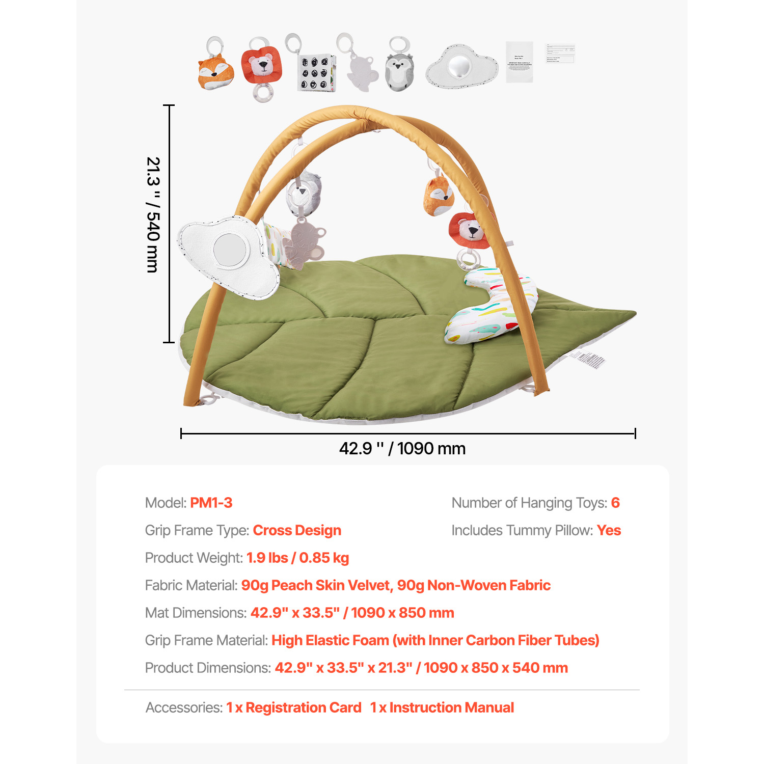 KFFKFF Baby Play Gym Mat with Sensory Toys, Large Leaf-Shaped Tummy Time Mat for Newborns and Infants, Ideal for Ages 0-18 Months, Supports Motor Skills and Early Cognitive Growth