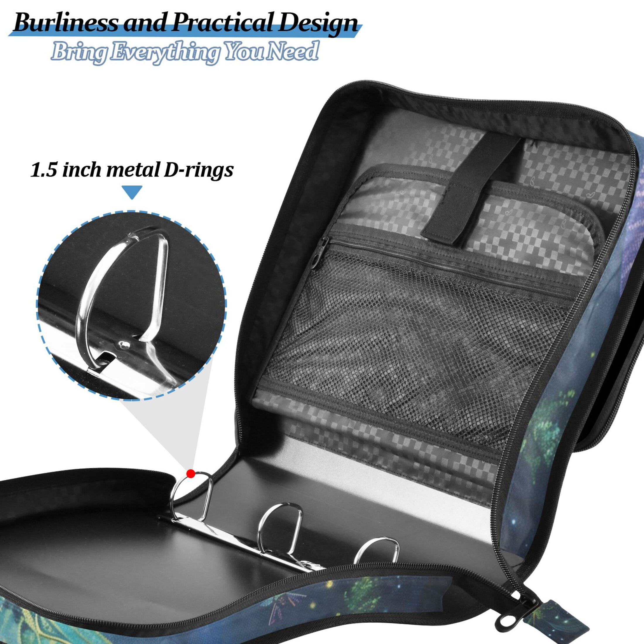 3 Ring Zipper Binder with Shoulder Strap Waterproof Trapper Keeper 2 Inch D-Ring 500 Sheets Capacity Beautiful Dragonflies