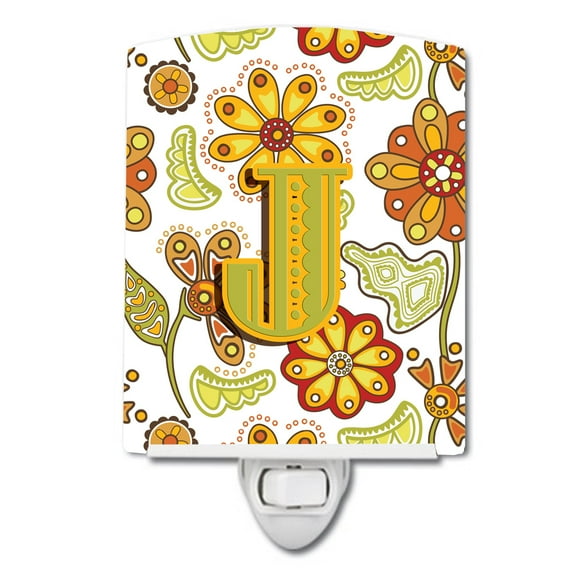 Caroline's Treasures CJ2003-JCNL Letter J Floral Mustard and Green Ceramic Night Light, 6x4x3", multicolor