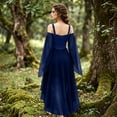 thumbnail image 3 of High Low Hem Fantasy Dress, Off Shoulder Gothic Witch High Low Dress, Flared Bell Sleeve Lace Up Renaissance Medieval Costume Dress for Halloween Cosplay Party, Navy XL, 3 of 4