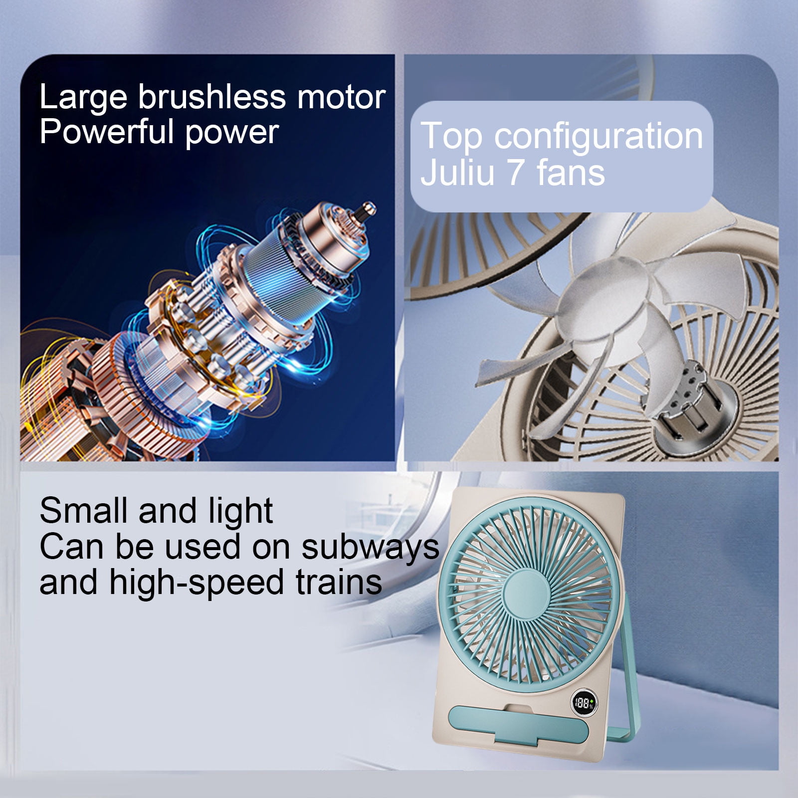 Yhmxh Small Desk Fan, 5 Speeds Adjustable Quiet Portable Rechargeable USB Fan With Digital Display, 180° Summer Wall-Mounted Fans for Home Office Kitchen Travel Outdoor (Blue)