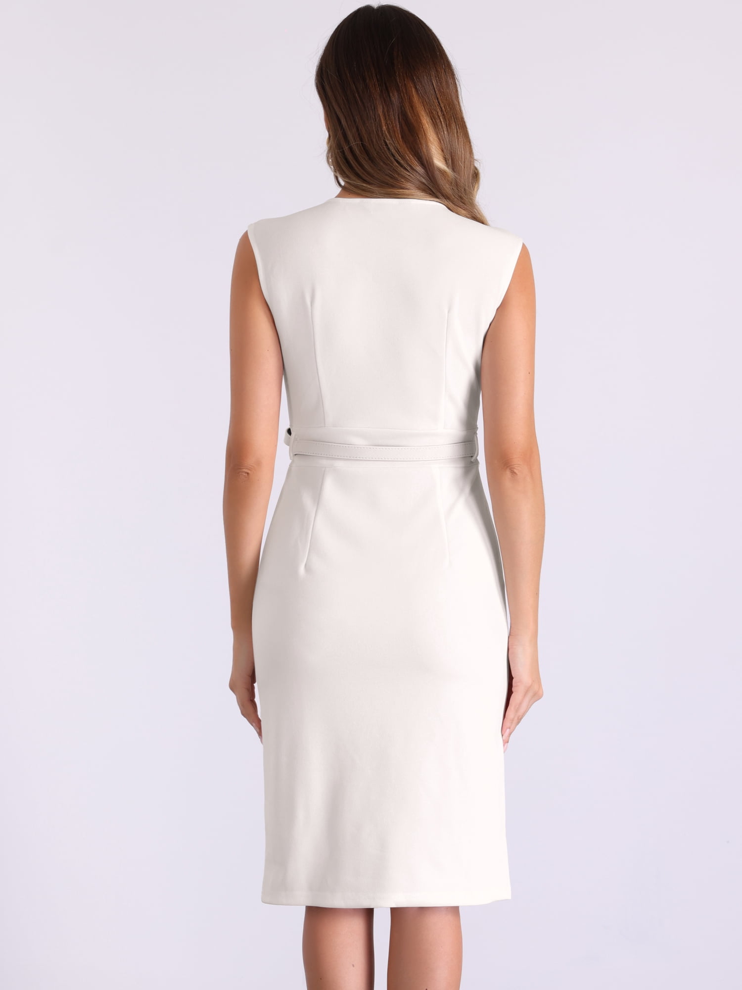 DARING DIVA Pencil Sleeveless Wrap V Neck Belted Office Dresses XS White