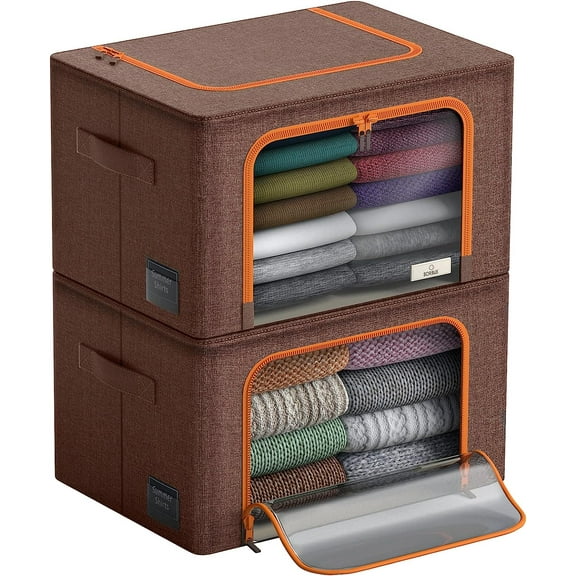 Sorbus Stackable Storage Bins, Fabric Organizer Bags with Window and Handles for Kids and Adults, 2Pk, Brown