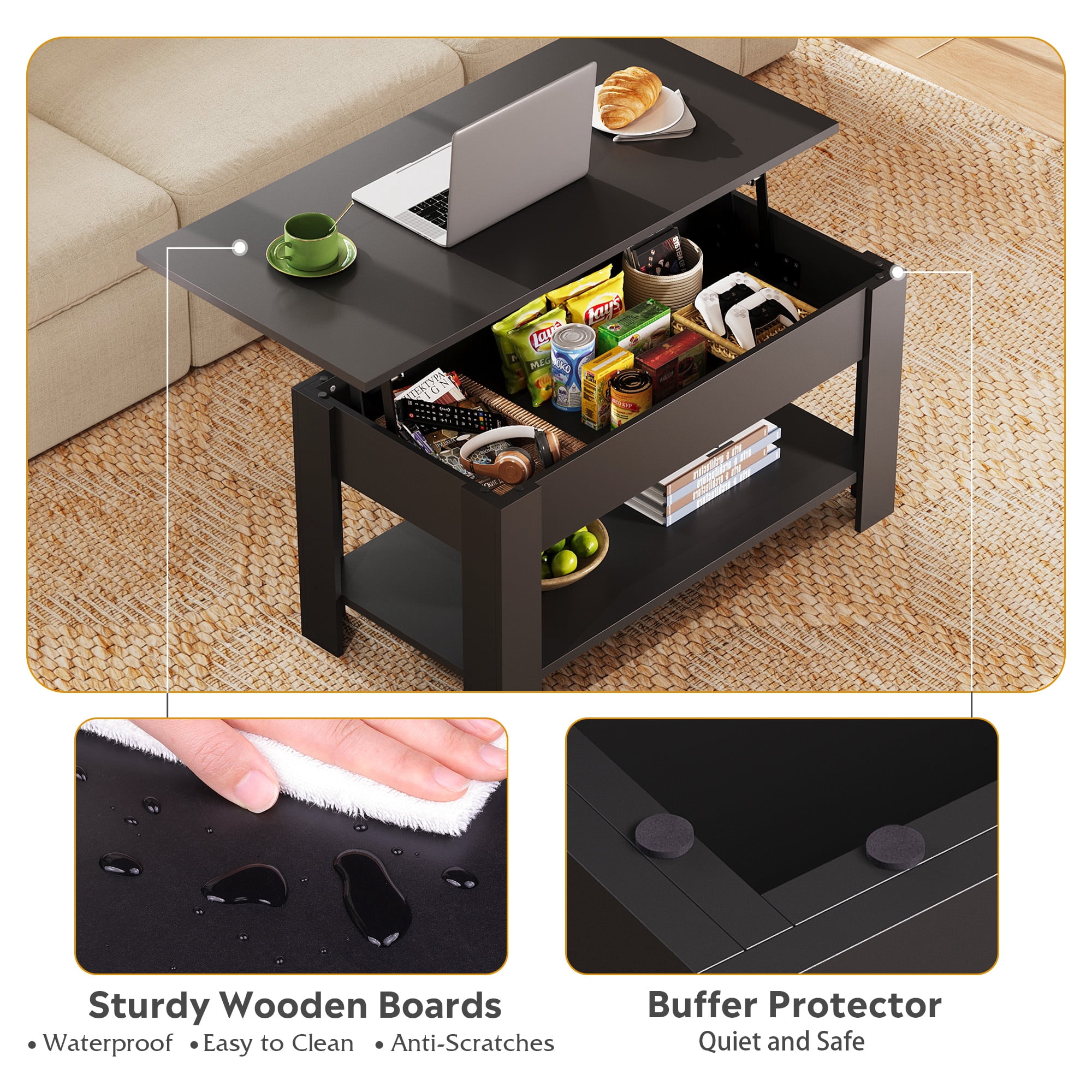GALAXHERO 39" Lift Top Coffee Table with Storage Shelf & Hidden Compartment and Lifting Top for Home Living Room Office and Reception Room Black