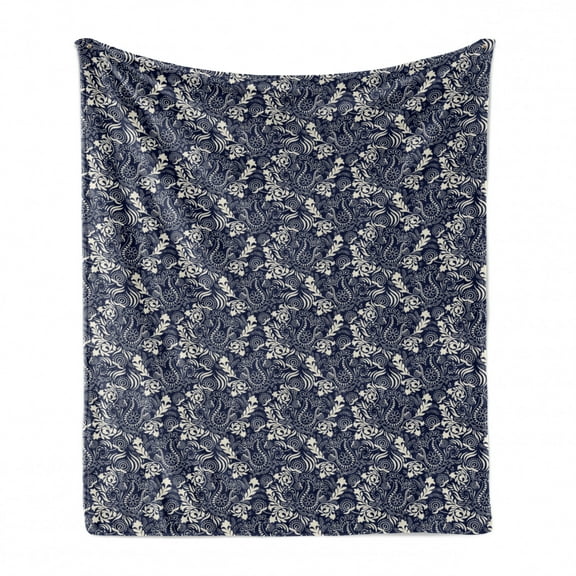 Persian Soft Flannel Fleece Throw Blanket, Middle Eastern Inspirations with Curved Leaves and Flowers Blooming Nature, Cozy Plush for Indoor and Outdoor Use, 60" x 80", Navy Blue Cream, by Ambesonne